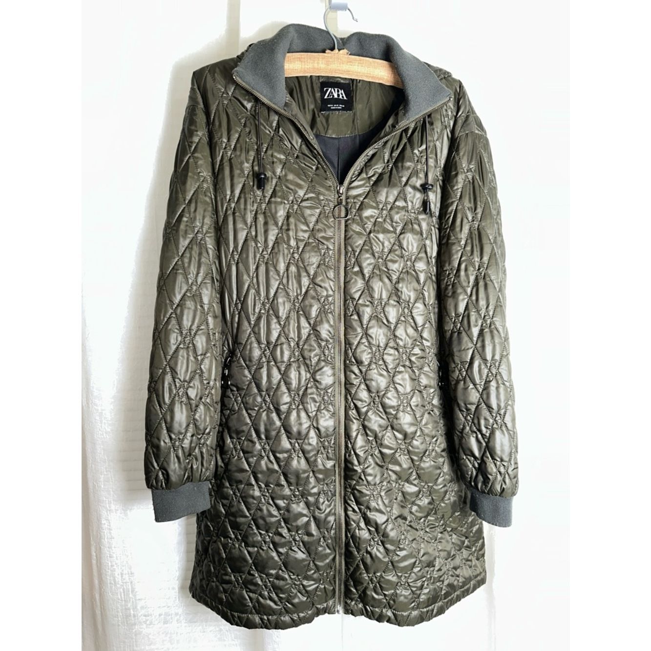 Zara M Olive Camo Army Green Lightweight Full Zip Quilted Puffer Parka Jacket